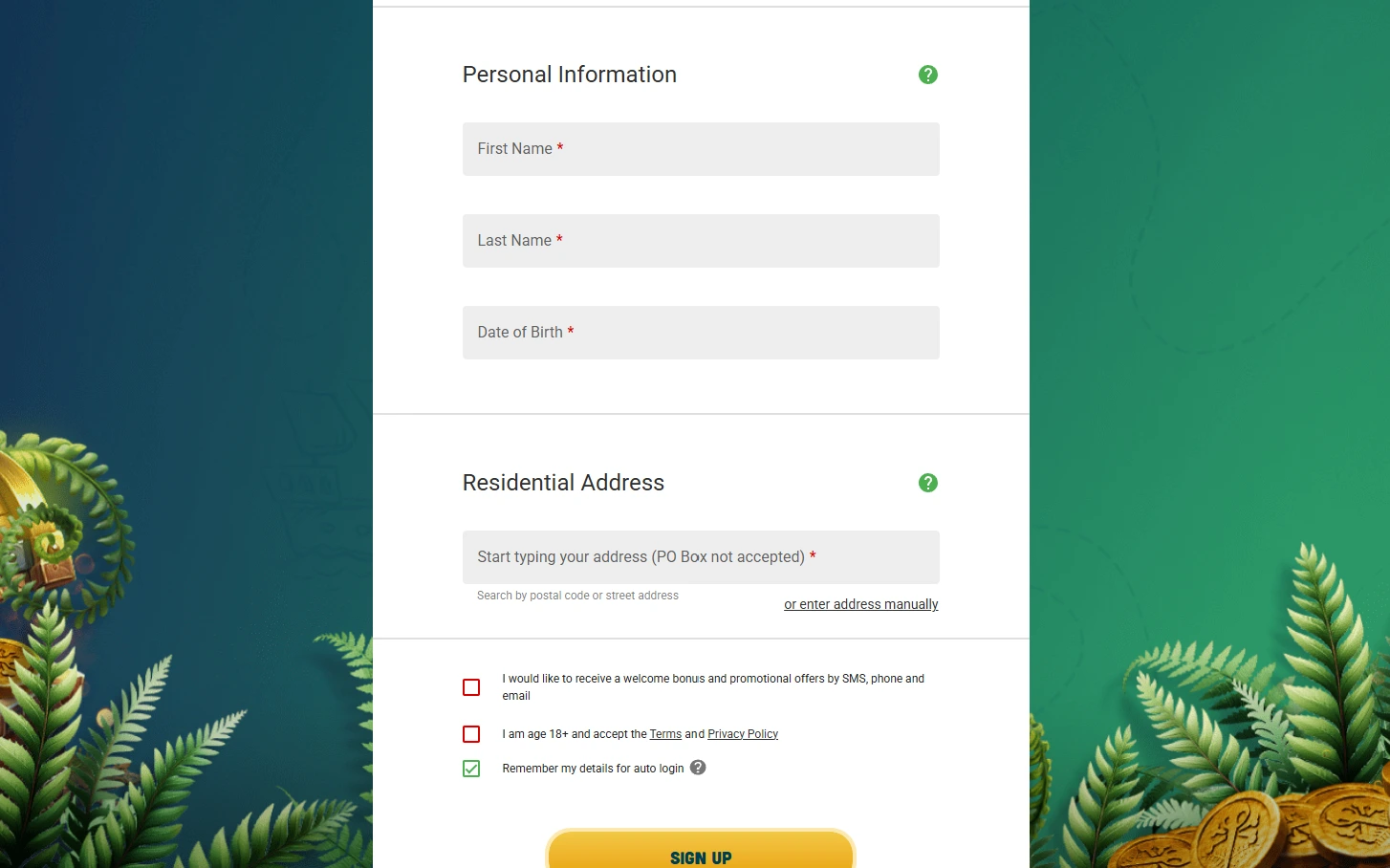 Kiwi's Treasure Casino registration form showing sign up fields and promo code KIWI200